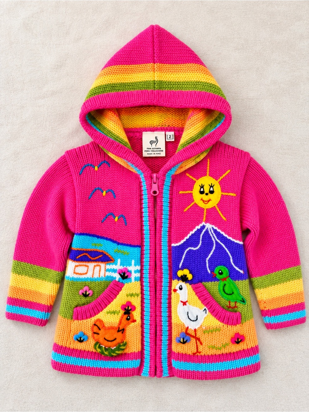 Fina Estampa Peru Collezione Girls 2 Pink Hooded Cardigan Folk Art Sweater K59